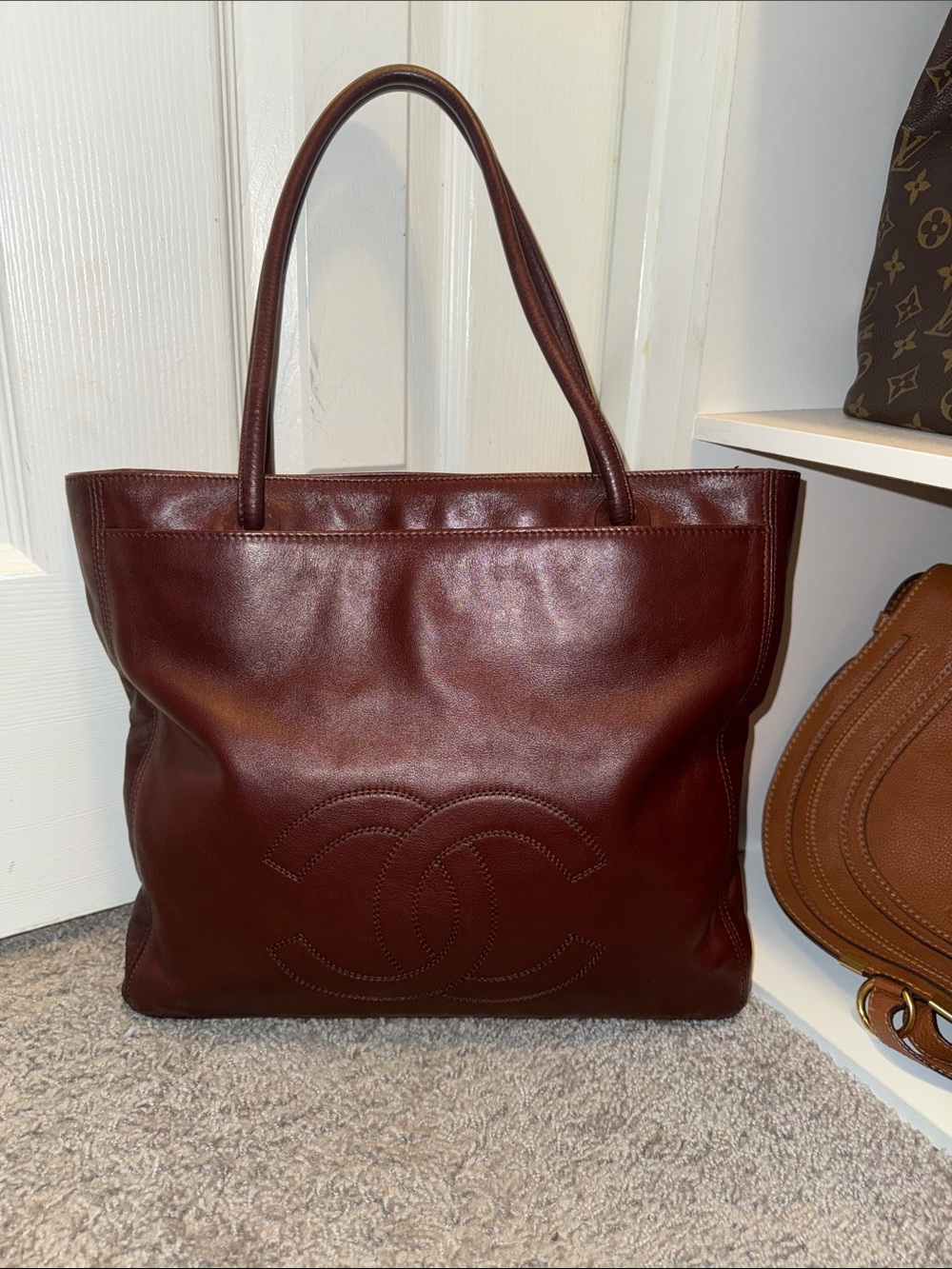 CHANEL Brown/Burgundy Leather Timeless Tote with Stitched CC Logo